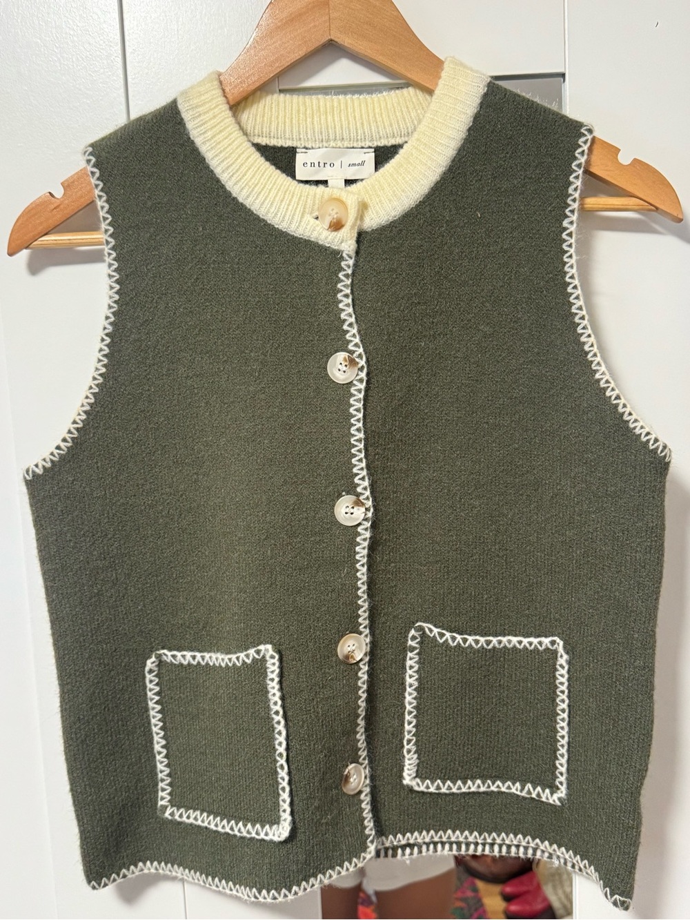 entro Olive Green Knit Button Vest with Cream Trim